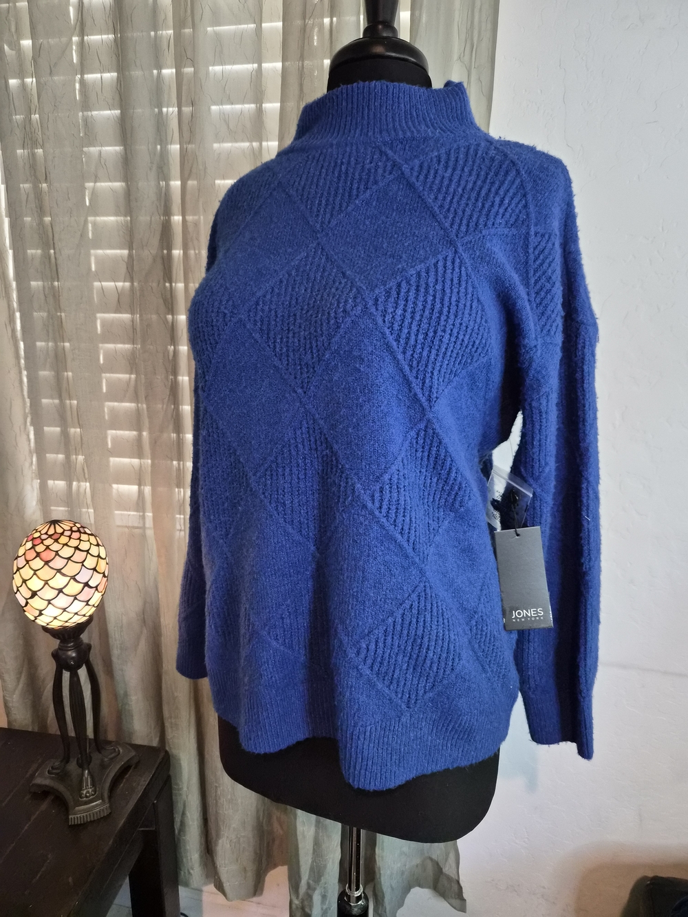 Jones New York Royal Blue Diamond-Pattern Mock Neck Sweater #0131